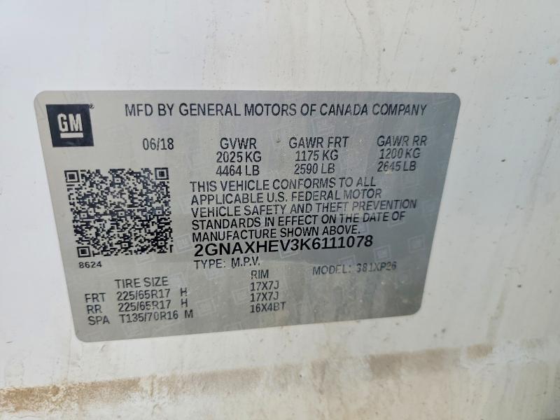 66339376 :رقم المزاد ، 2GNAXHEV3K6111078 vin ، 2019 Chevrolet Equinox مزاد بيع