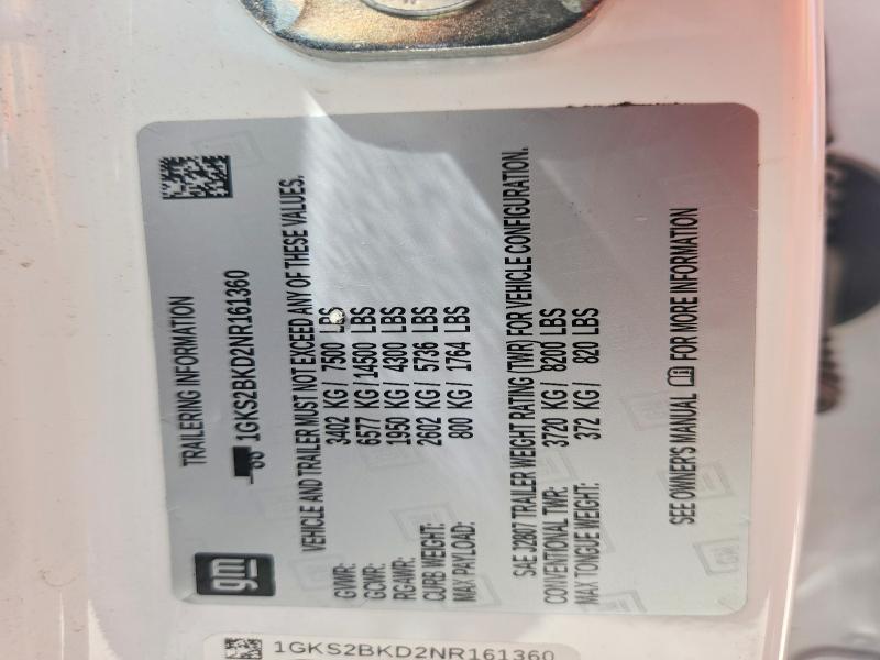 65192376 :رقم المزاد ، 1GKS2BKD2NR161360 vin ، 2022 Gmc Yukon مزاد بيع