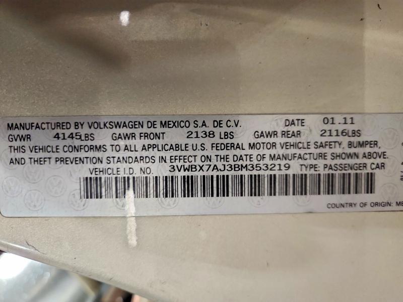 65438836 :رقم المزاد ، 3VWBX7AJ3BM353219 vin ، 2011 Volkswagen Jetta مزاد بيع
