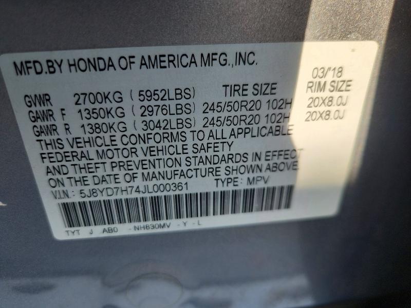 65459776 :رقم المزاد ، 5J8YD7H74JL000361 vin ، 2018 Acura Mdx مزاد بيع
