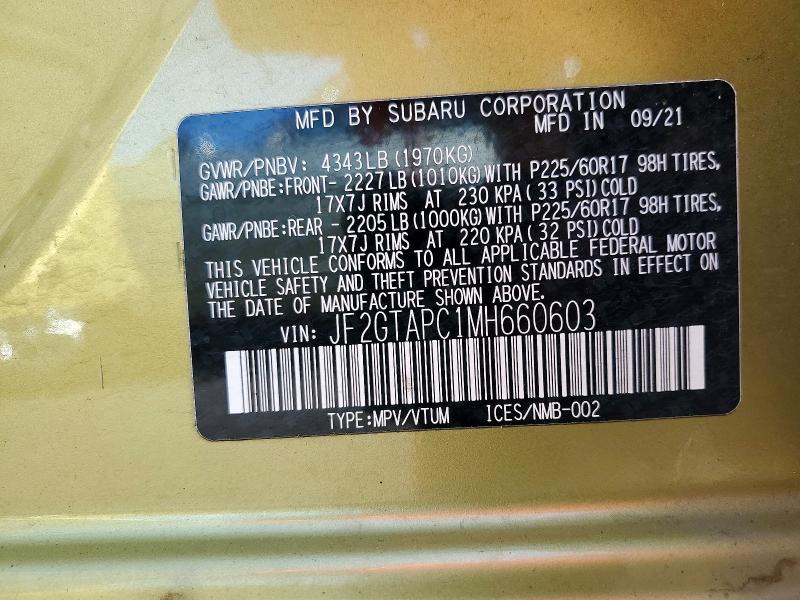 Aukcja sprzedaży 2021 Subaru Crosstrek, vin: JF2GTAPC1MH660603, numer aukcji: 65062146