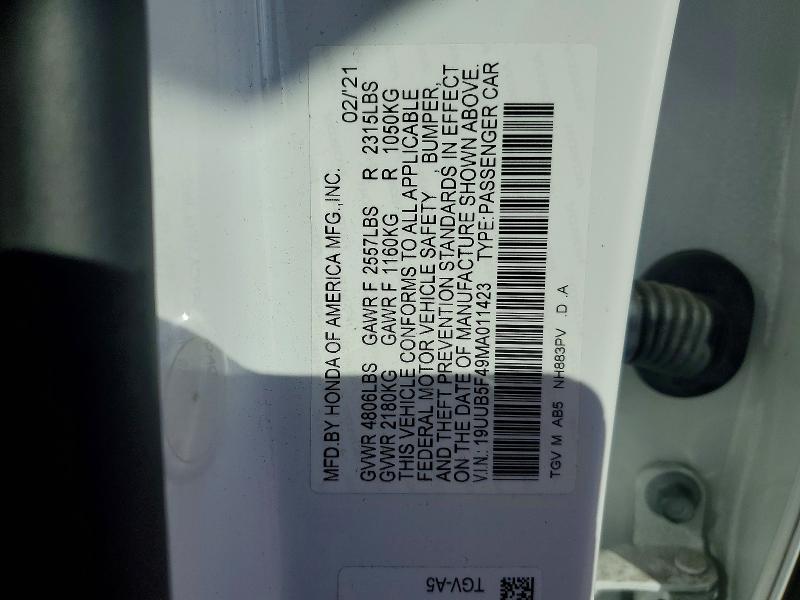 2021 Acura Tlx მანქანა იყიდება აუქციონზე, vin: 19UUB5F49MA011423, აუქციონის ნომერი: 63733196