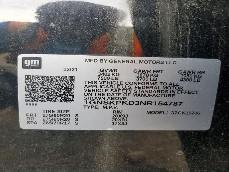 66721586 :رقم المزاد ، 1GNSKPKD3NR154787 vin ، 2022 Chevrolet Tahoe مزاد بيع
