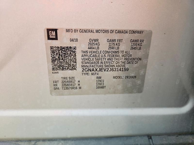 63417666 :رقم المزاد ، 2GNAXJEV2J6314159 vin ، 2018 Chevrolet Equinox مزاد بيع