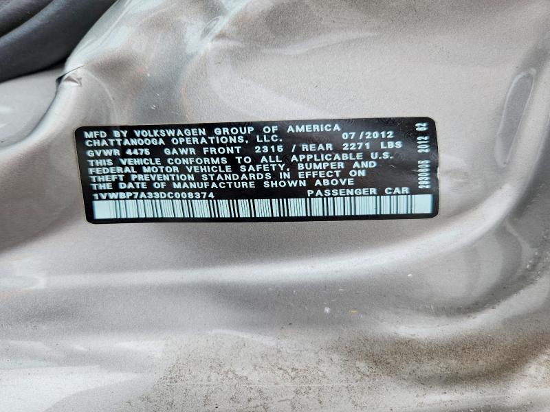 65178076 :رقم المزاد ، 1VWBP7A33DC008374 vin ، 2013 Volkswagen Passat مزاد بيع