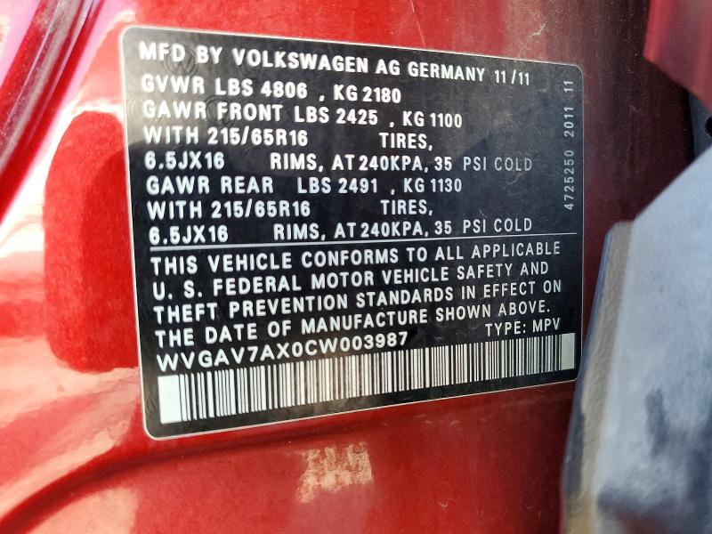 Aukcja sprzedaży 2012 Volkswagen Tiguan, vin: WVGAV7AX0CW003987, numer aukcji: 66427346