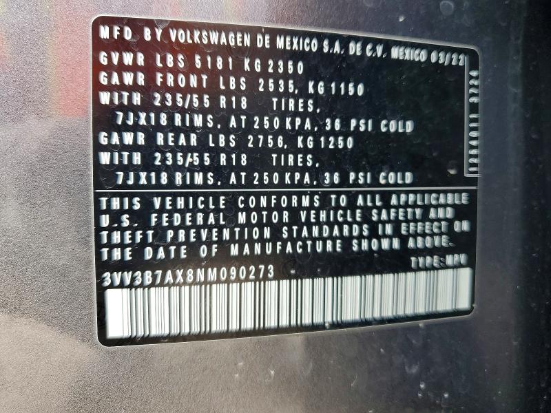 Aukcja sprzedaży 2022 Volkswagen Tiguan, vin: 3VV3B7AX8NM090273, numer aukcji: 64284486