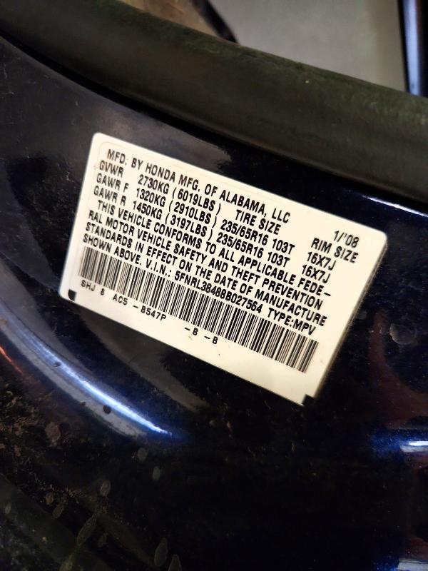 65087326 :رقم المزاد ، 5FNRL38488B027564 vin ، 2008 Honda Odyssey مزاد بيع