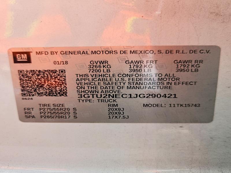 Продаж на аукціоні авто 2018 Gmc Sierra, vin: 3GTU2NEC1JG290421, номер лоту: 63383486