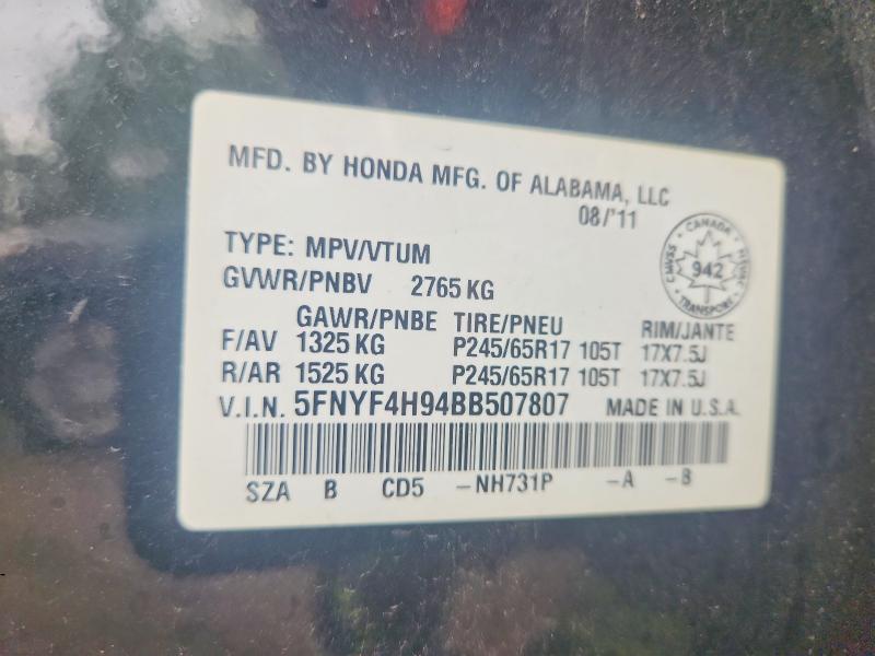 Auction sale of the 2011 Honda Pilot, vin: 5FNYF4H94BB507807, lot number: 65169216