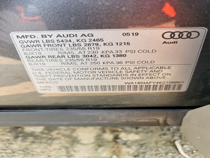61200086 :رقم المزاد ، WA1BNAFY4K2108801 vin ، 2019 Audi Q5 مزاد بيع