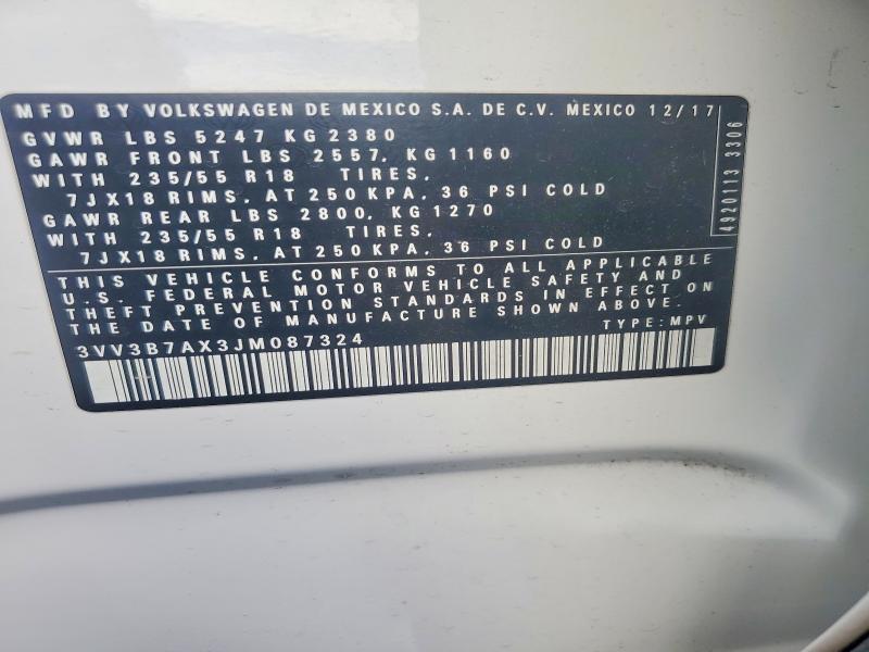 66931586 :رقم المزاد ، 3VV3B7AX3JM087324 vin ، 2018 Volkswagen Tiguan مزاد بيع
