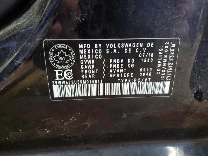 65001206 :رقم المزاد ، 3VWW57BU5KM076041 vin ، 2019 Volkswagen Jetta مزاد بيع