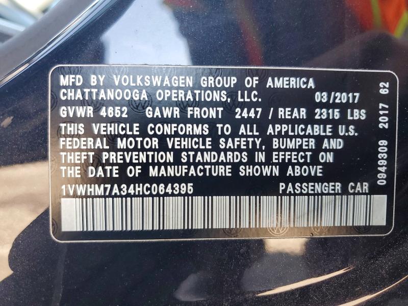 2017 Volkswagen Passat მანქანა იყიდება აუქციონზე, vin: 1VWHM7A34HC064395, აუქციონის ნომერი: 65855036
