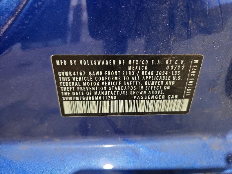 Продаж на аукціоні авто 2022 Volkswagen Jetta, vin: 3VW7M7BU8NM011258, номер лоту: 63832946