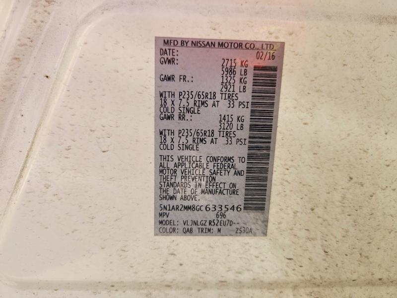 2016 Nissan Pathfinder მანქანა იყიდება აუქციონზე, vin: 5N1AR2MM8GC633546, აუქციონის ნომერი: 65444366