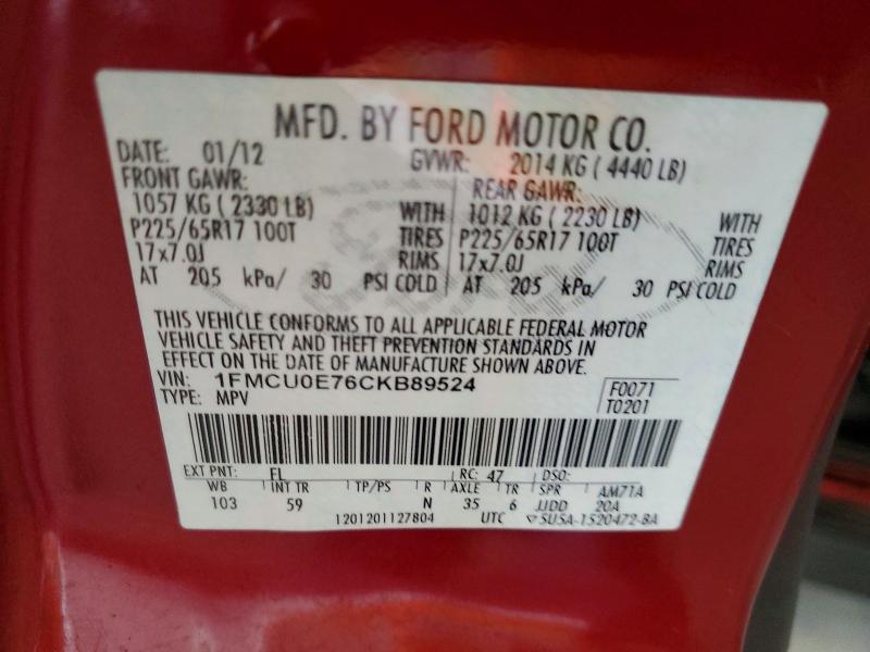 64890756 :رقم المزاد ، 1FMCU0E76CKB89524 vin ، 2012 Ford Escape مزاد بيع