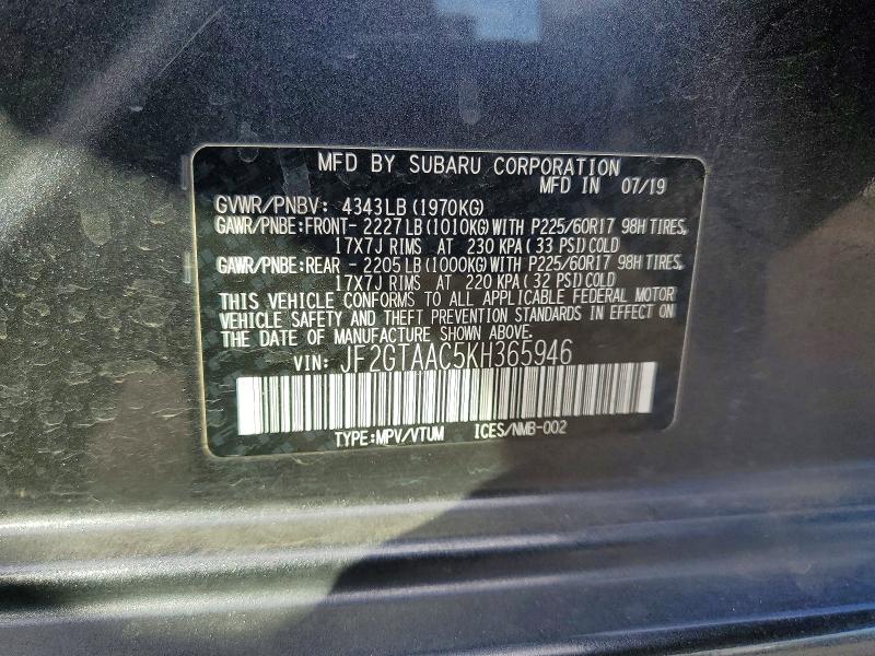 2019 Subaru Crosstrek მანქანა იყიდება აუქციონზე, vin: JF2GTAAC5KH365946, აუქციონის ნომერი: 65018806