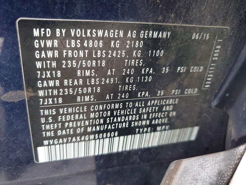 Продажа на аукционе авто 2016 Volkswagen Tiguan, vin: WVGAV7AX4GW506606, номер лота: 64488136