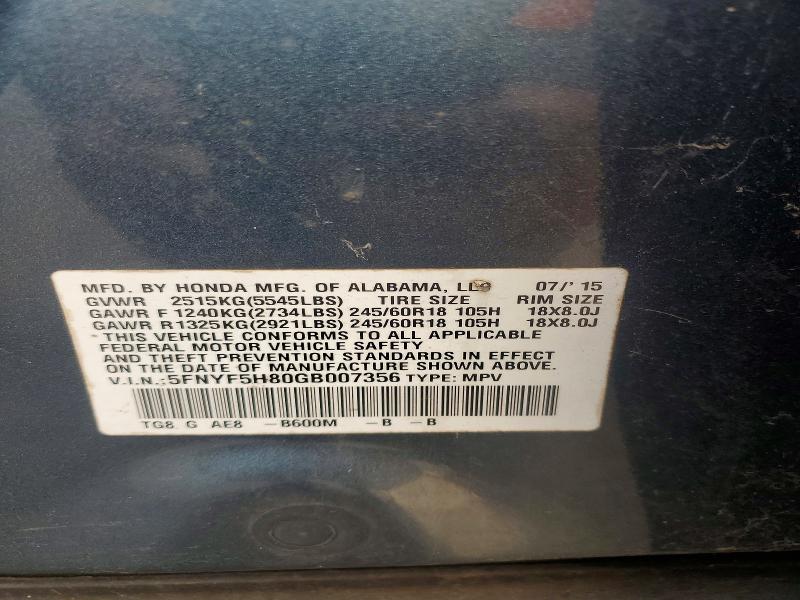 2016 Honda Pilot მანქანა იყიდება აუქციონზე, vin: 5FNYF5H80GB007356, აუქციონის ნომერი: 65279536