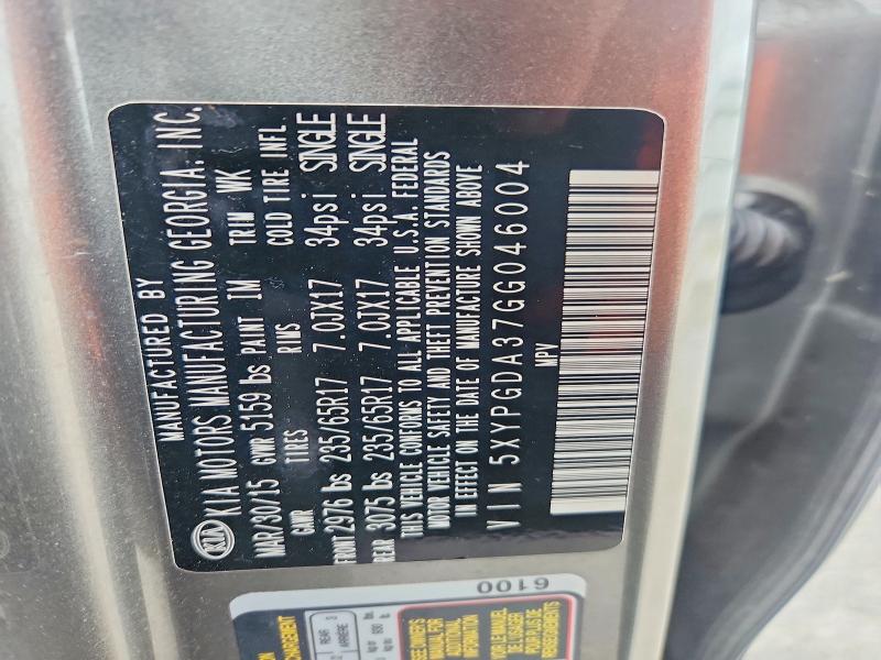 65334626 :رقم المزاد ، 5XYPGDA37GG046004 vin ، 2016 Kia Sorento مزاد بيع