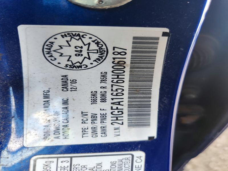 Продаж на аукціоні авто 2006 Honda Civic, vin: 2HGFA16576H006187, номер лоту: 67166346