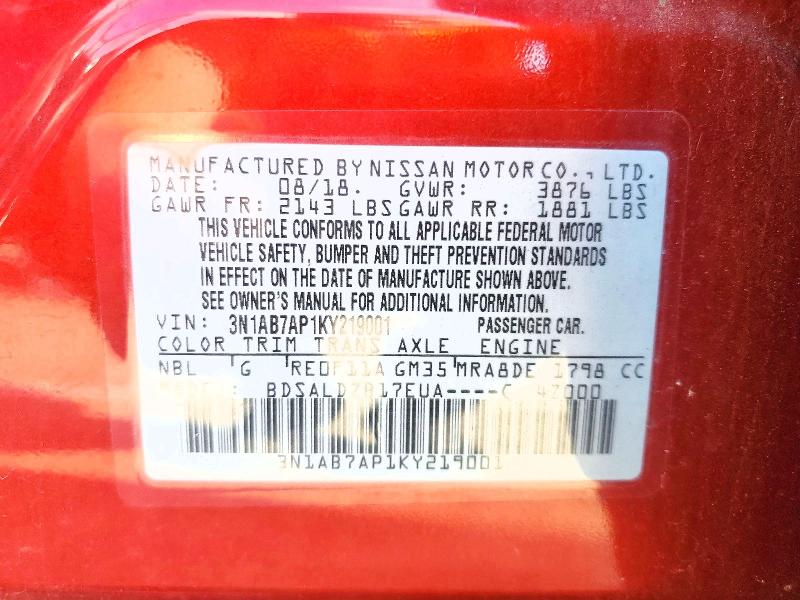 63696066 :رقم المزاد ، 3N1AB7AP1KY219001 vin ، 2019 Nissan Sentra مزاد بيع