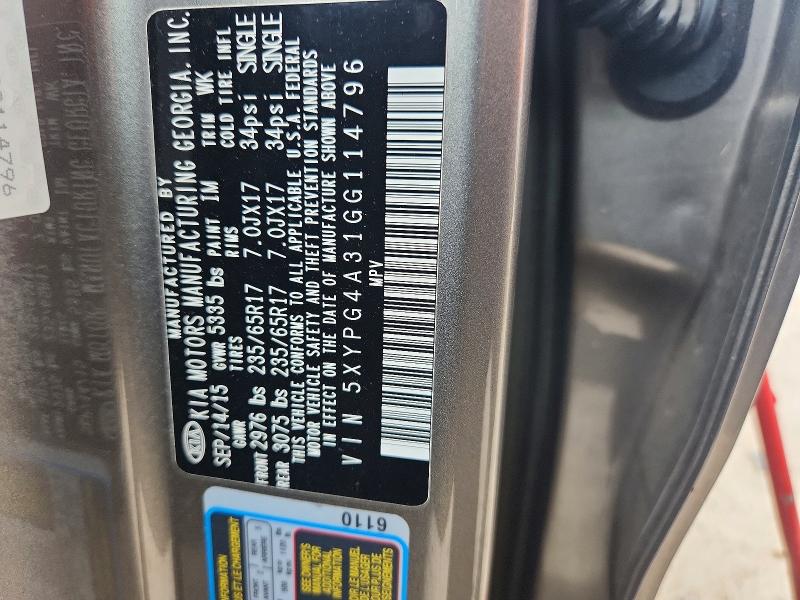Aukcja sprzedaży 2016 Kia Sorento, vin: 5XYPG4A31GG114796, numer aukcji: 65043956
