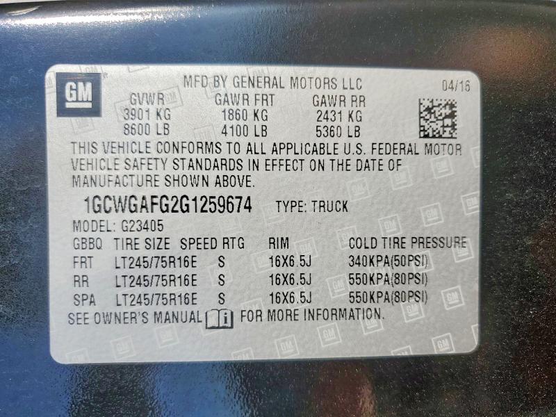 2016 Chevrolet Express 2500 მანქანა იყიდება აუქციონზე, vin: 1GCWGAFG2G1259674, აუქციონის ნომერი: 65342836