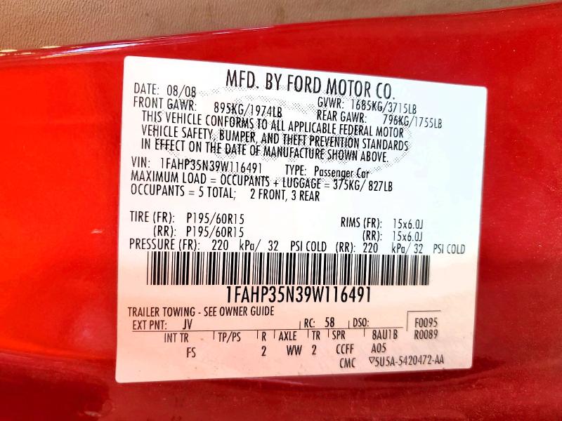 65043426 :رقم المزاد ، 1FAHP35N39W116491 vin ، 2009 Ford Focus مزاد بيع