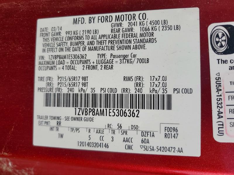 64251076 :رقم المزاد ، 1ZVBP8AM1E5306362 vin ، 2014 Ford Mustang مزاد بيع