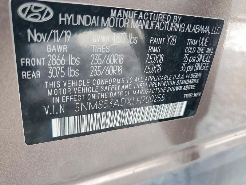 Продаж на аукціоні авто 2020 Hyundai Santa Fe, vin: 5NMS53ADXLH200255, номер лоту: 63988996