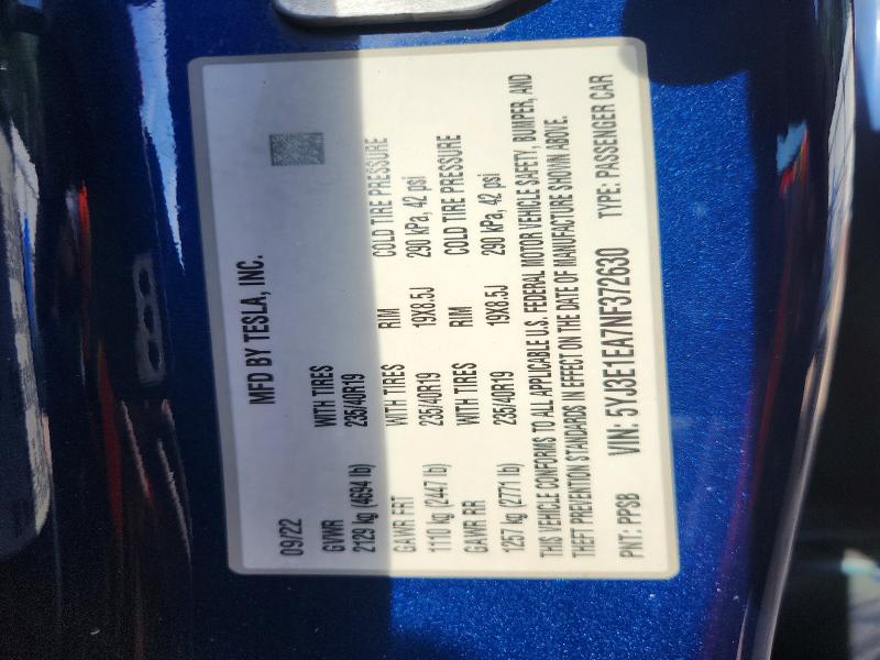 64394226 :رقم المزاد ، 5YJ3E1EA7NF372630 vin ، 2022 Tesla Model 3 مزاد بيع