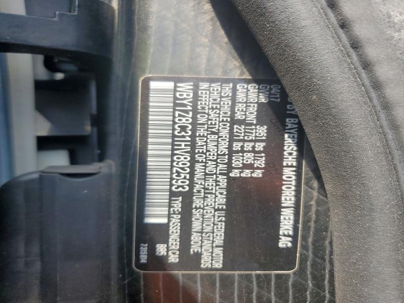 Продаж на аукціоні авто 2017 Bmw I3, vin: WBY1Z8C31HV892593, номер лоту: 64092856