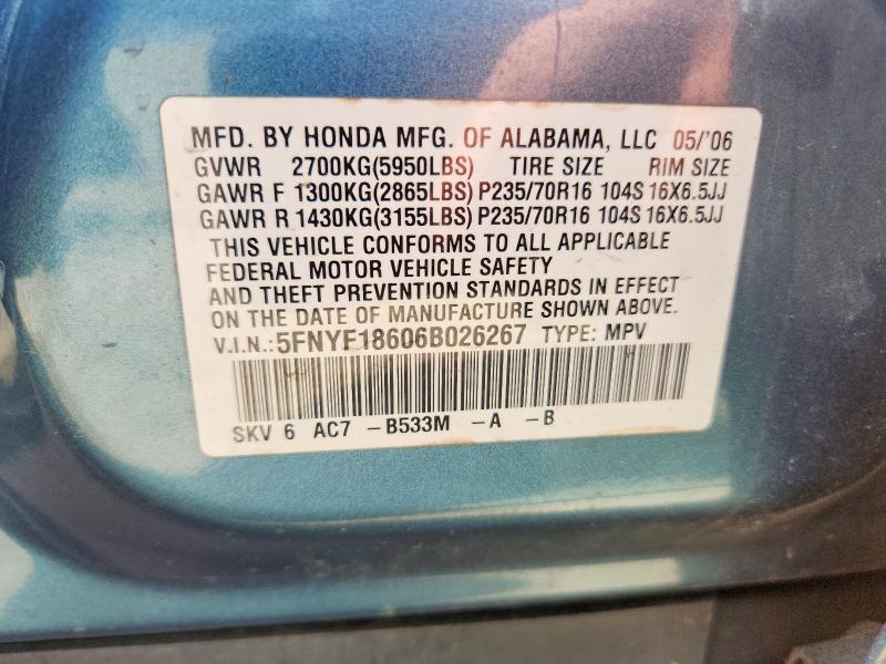 2006 Honda Pilot მანქანა იყიდება აუქციონზე, vin: 5FNYF18606B026267, აუქციონის ნომერი: 63938346