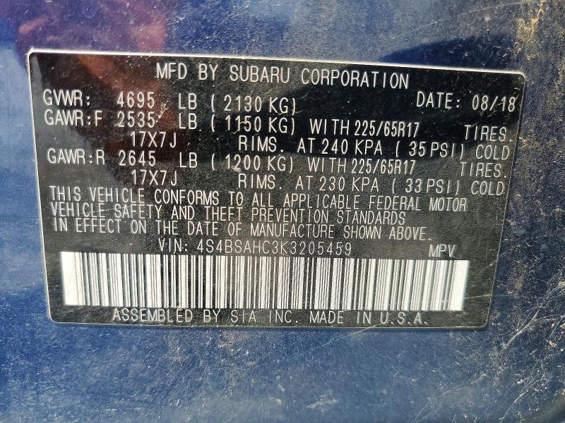 Aukcja sprzedaży 2019 Subaru Outback, vin: 4S4BSAHC3K3205459, numer aukcji: 67243906