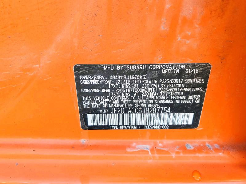 2018 Subaru Crosstrek მანქანა იყიდება აუქციონზე, vin: JF2GTACC6JH287754, აუქციონის ნომერი: 63656336