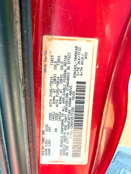 2000 Toyota Tacoma მანქანა იყიდება აუქციონზე, vin: 4TANL42N9YZ672106, აუქციონის ნომერი: 66490066