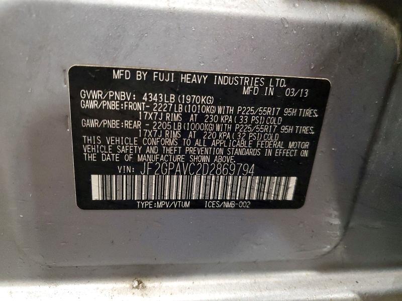 2013 Subaru Xv Crosstrek მანქანა იყიდება აუქციონზე, vin: JF2GPAVC2D2869794, აუქციონის ნომერი: 65857936