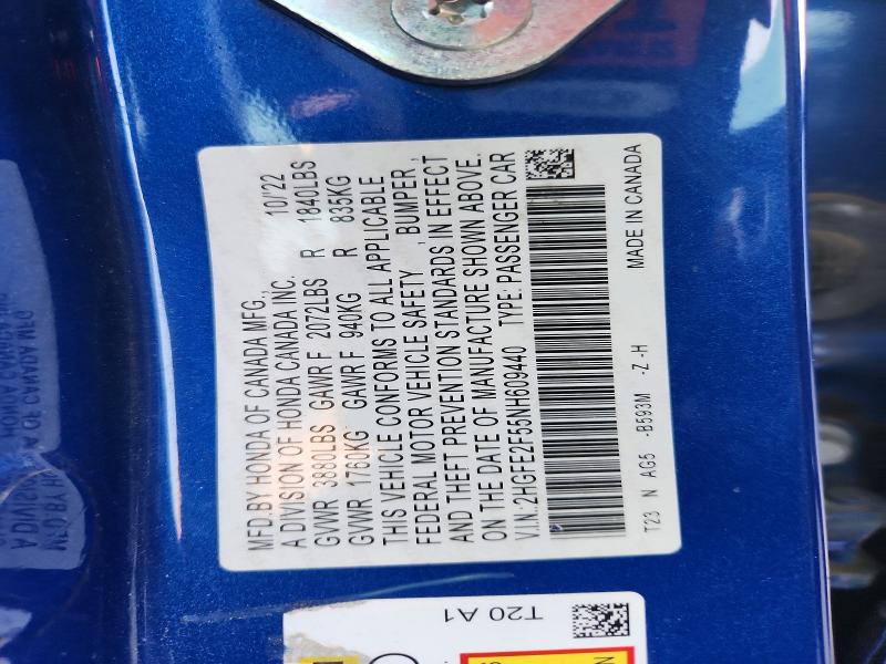 Продаж на аукціоні авто 2022 Honda Civic, vin: 2HGFE2F55NH609440, номер лоту: 63555296