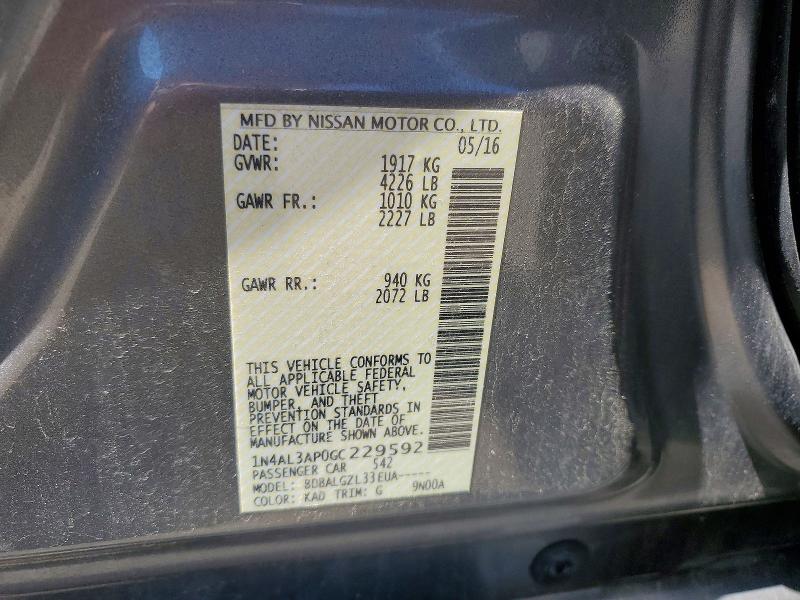 2016 Nissan Altima მანქანა იყიდება აუქციონზე, vin: 1N4AL3AP0GC229592, აუქციონის ნომერი: 63799726