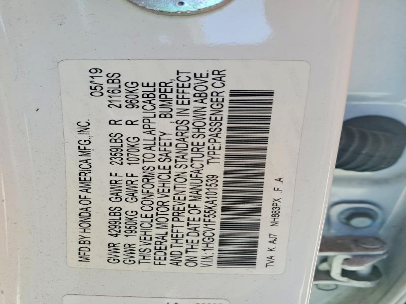 2019 Honda Accord მანქანა იყიდება აუქციონზე, vin: 1HGCV1F55KA101539, აუქციონის ნომერი: 64661506