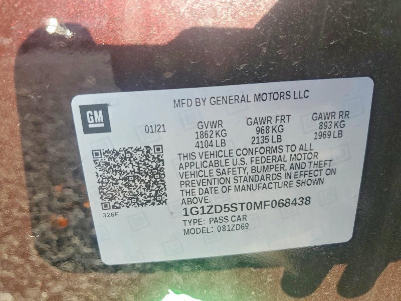 63732126 :رقم المزاد ، 1G1ZD5ST0MF068438 vin ، 2021 Chevrolet Malibu مزاد بيع