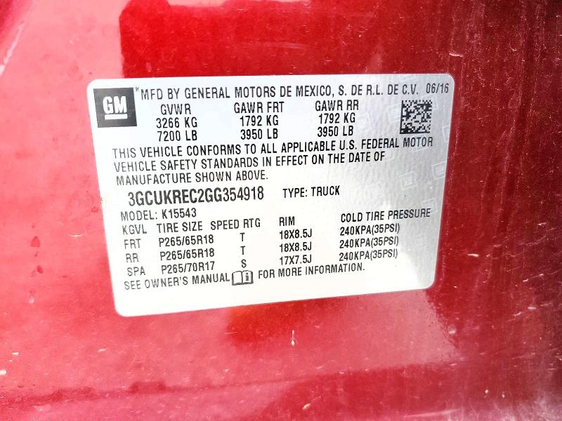64788086 :رقم المزاد ، 3GCUKREC2GG354918 vin ، 2016 Chevrolet Silverado مزاد بيع