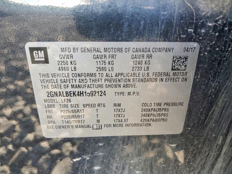63250016 :رقم المزاد ، 2GNALBEK4H1592124 vin ، 2017 Chevrolet Equinox مزاد بيع