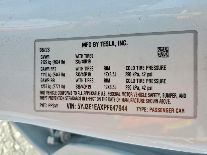 2023 Tesla Model 3 მანქანა იყიდება აუქციონზე, vin: 5YJ3E1EAXPF647944, აუქციონის ნომერი: 65744886