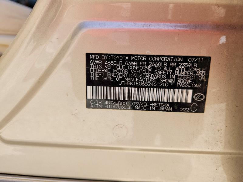 67205446 :رقم المزاد ، JTHBK1EG6B2461210 vin ، 2011 Lexus Es مزاد بيع
