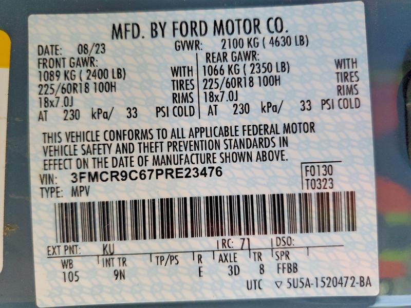 2023 Ford Bronco Sport მანქანა იყიდება აუქციონზე, vin: 3FMCR9C67PRE23476, აუქციონის ნომერი: 63593786