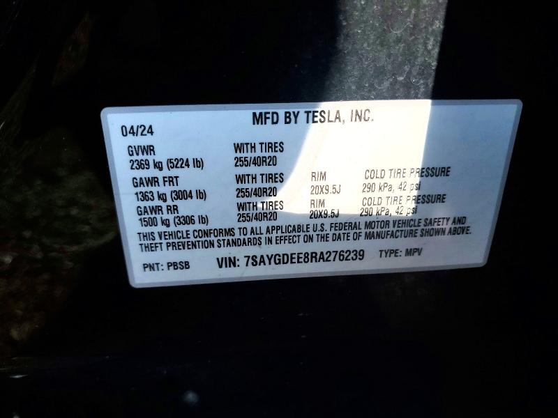 Aukcja sprzedaży 2024 Tesla Model Y, vin: 7SAYGDEE8RA276239, numer aukcji: 64273546