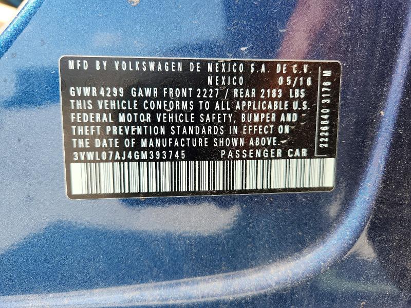2016 Volkswagen Jetta მანქანა იყიდება აუქციონზე, vin: 3VWL07AJ4GM393745, აუქციონის ნომერი: 63866656